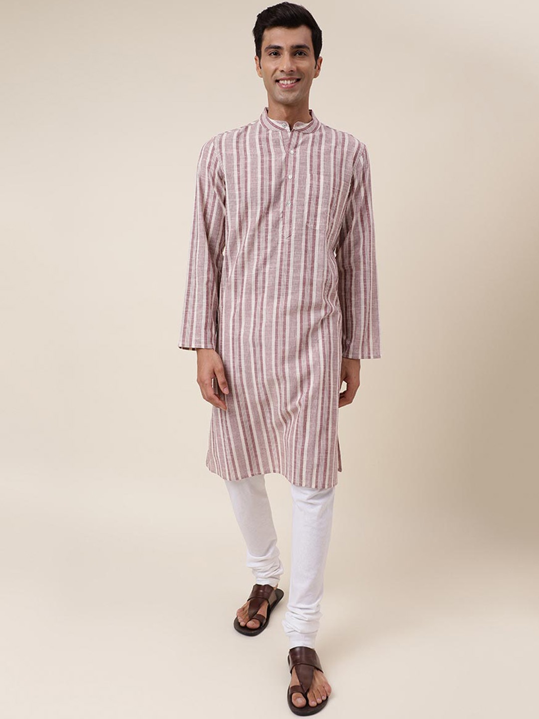 

Fabindia Striped Mandarin Collar Pure Cotton Kurta, White