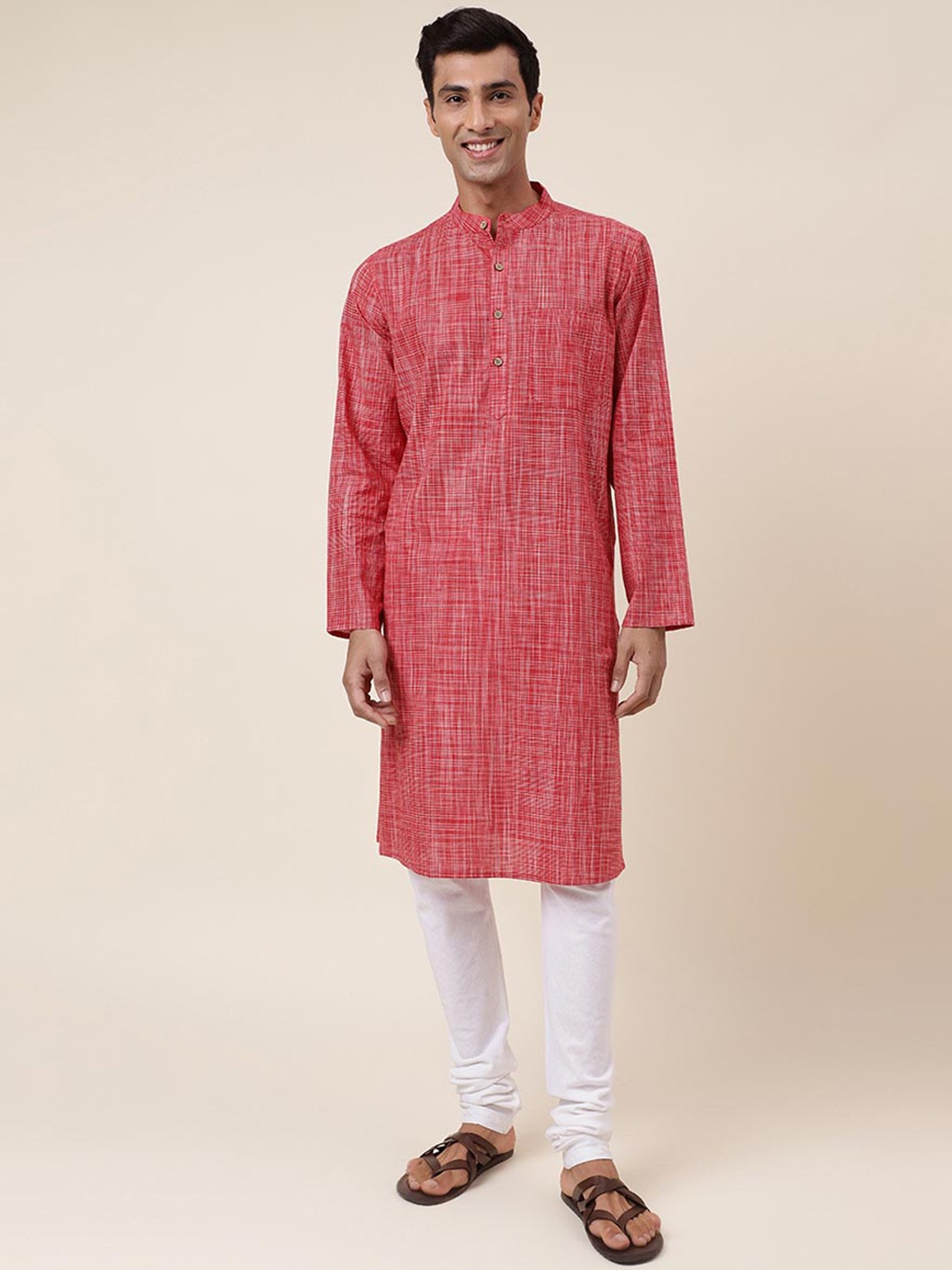

Fabindia Checked Mandarin Collar Straight Pure Cotton Kurta, Red