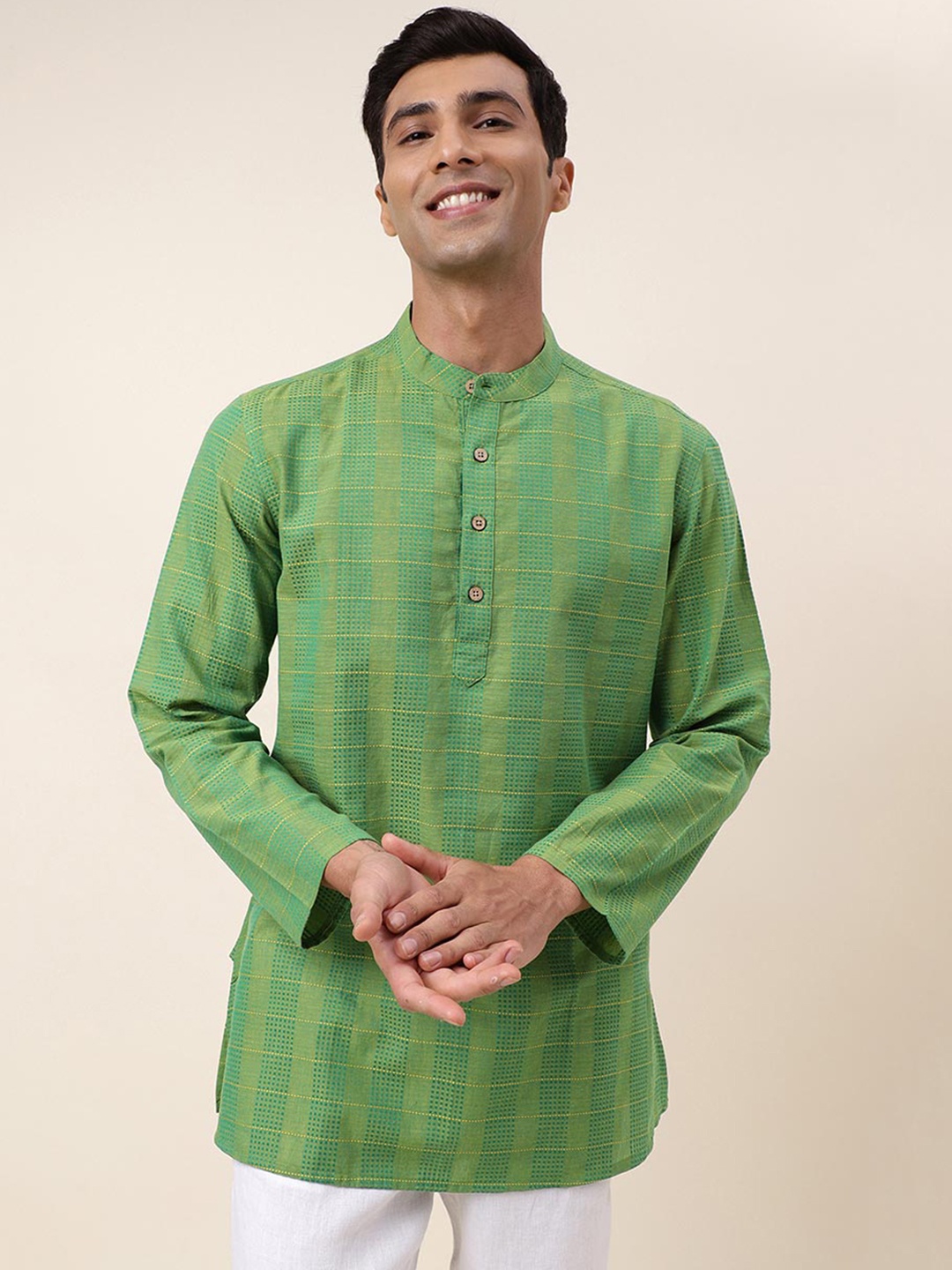 

Fabindia Striped Mandarin Collar Cotton Pathani Kurta, Green