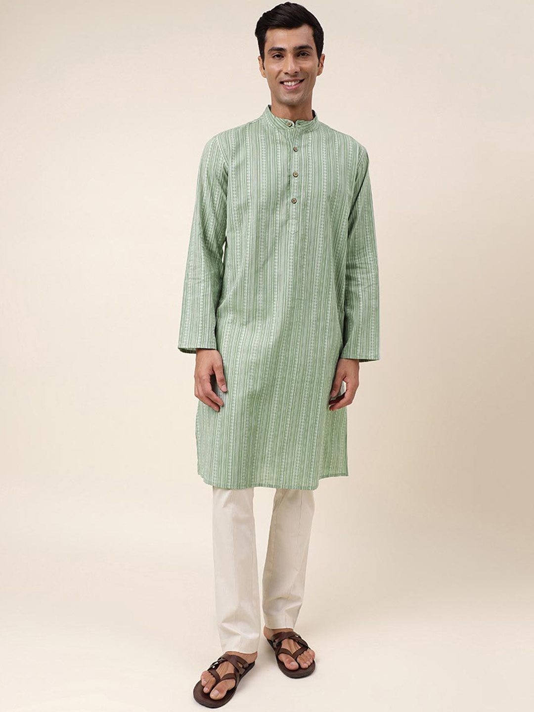 

Fabindia Striped Mandarin Collar Straight Pure Cotton Kurta, Green