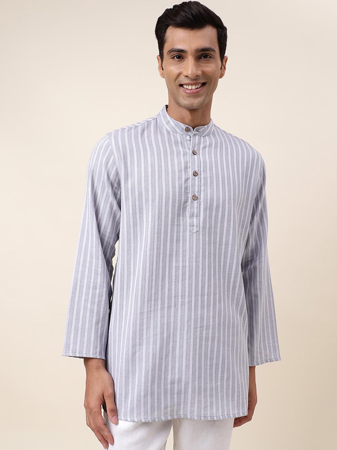 

Fabindia Striped Mandarin Collar Pure Cotton Kurta, Grey