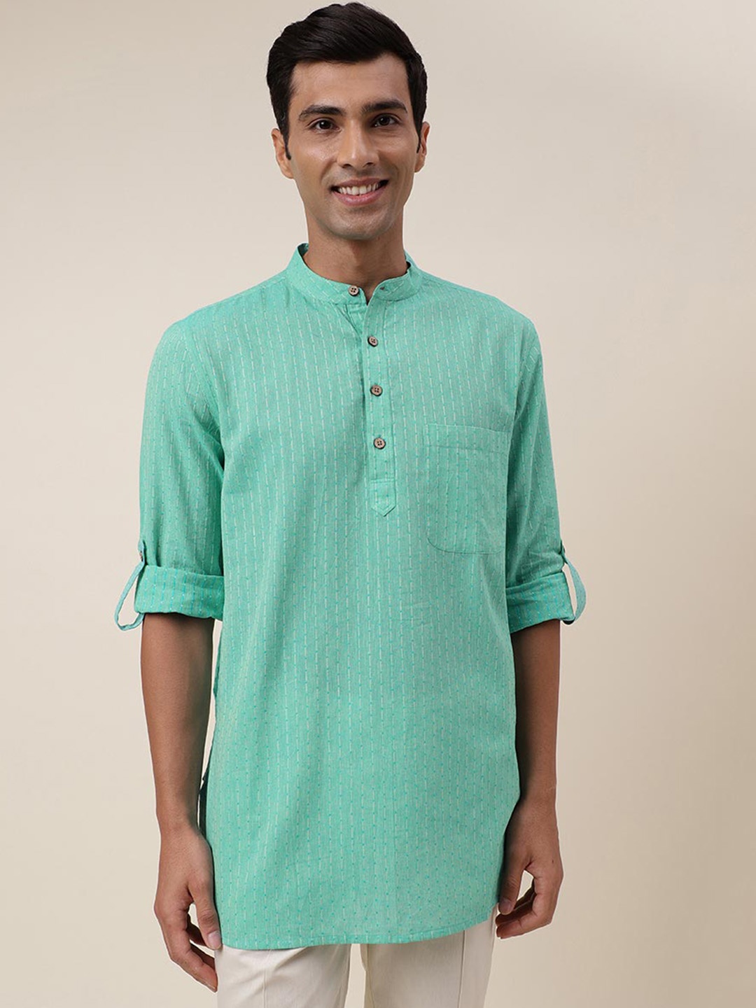 

Fabindia Striped Mandarin Collar Cotton Pathani Kurta, Green