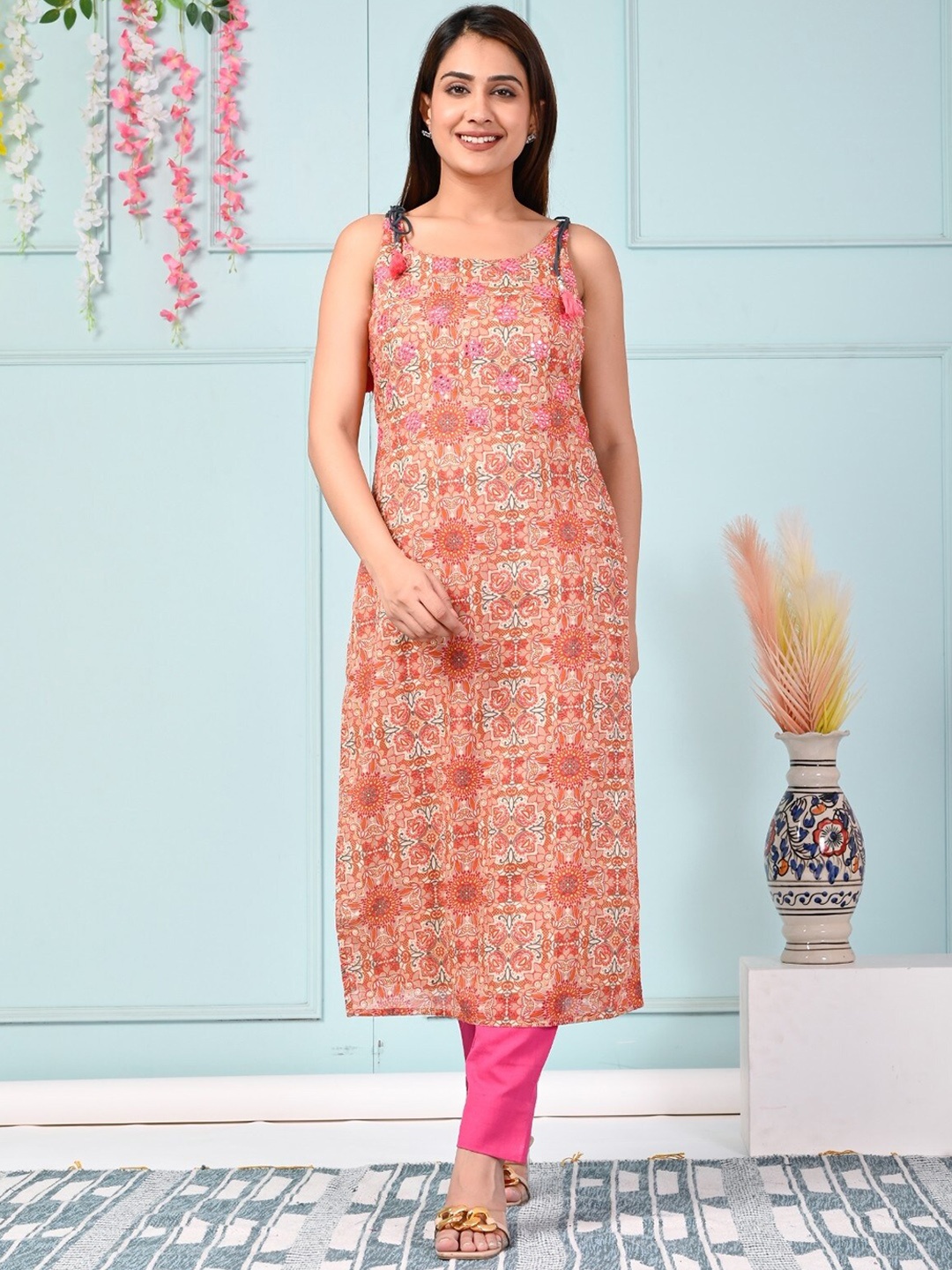 

Sangria Ethnic Motifs Sleeveless Mirror Work Straight Cotton Kurtas, Peach