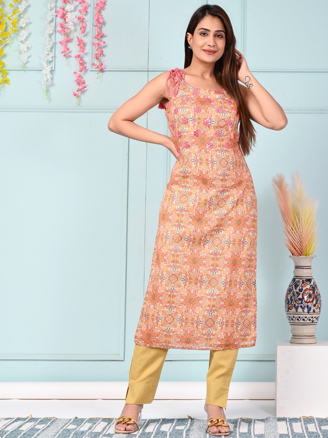 

Sangria Ethnic Motifs Printed Shoulder Strapped Pure Cotton Straight Kurta, Orange