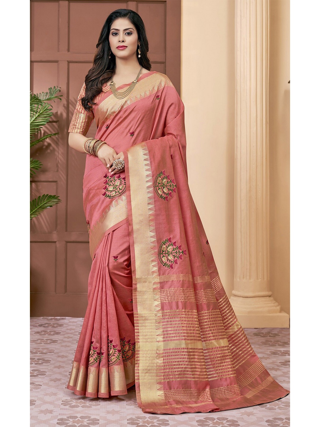 

Mitera Pink & Gold-Toned Floral Embroidered Silk Cotton Saree