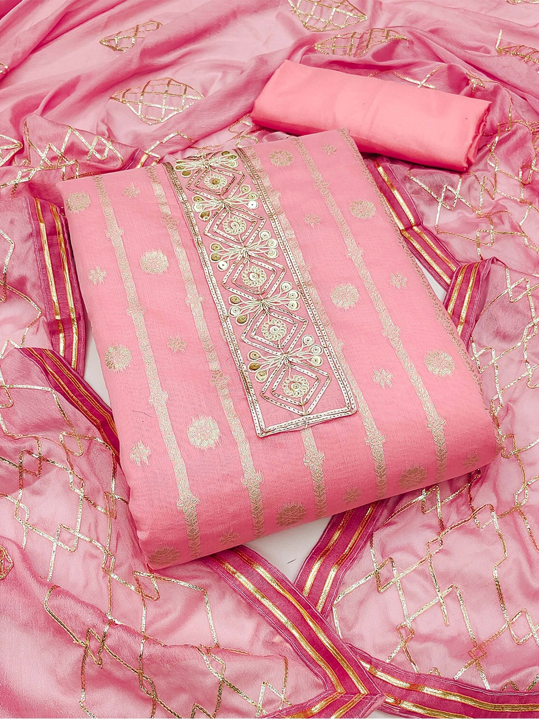

KALINI Striped Woven Design Unstitched Dress Material, Pink