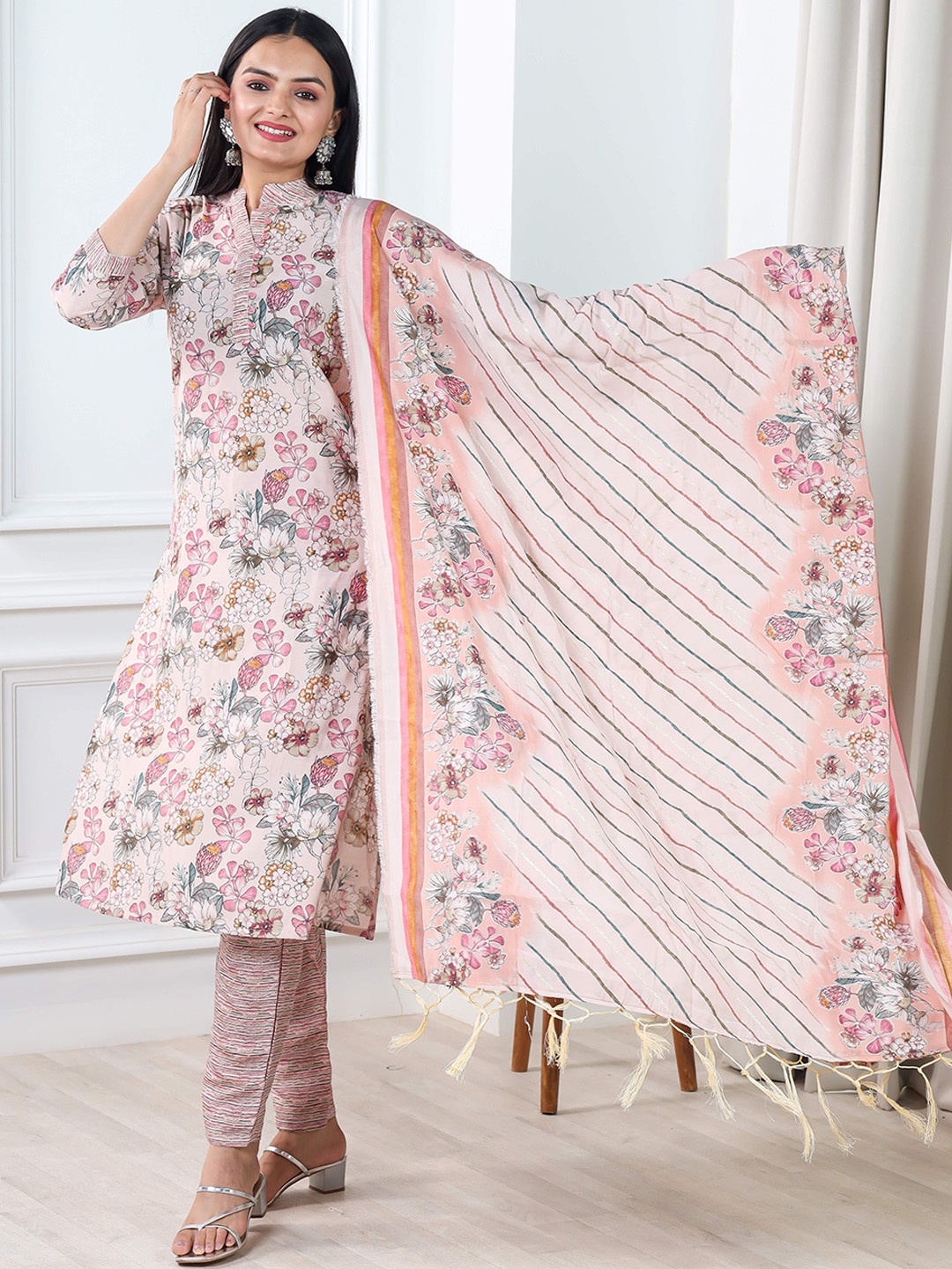 

Vidraa Western Store Floral Printed Chanderi Cotton Kurta With Trousers & Dupatta, Pink