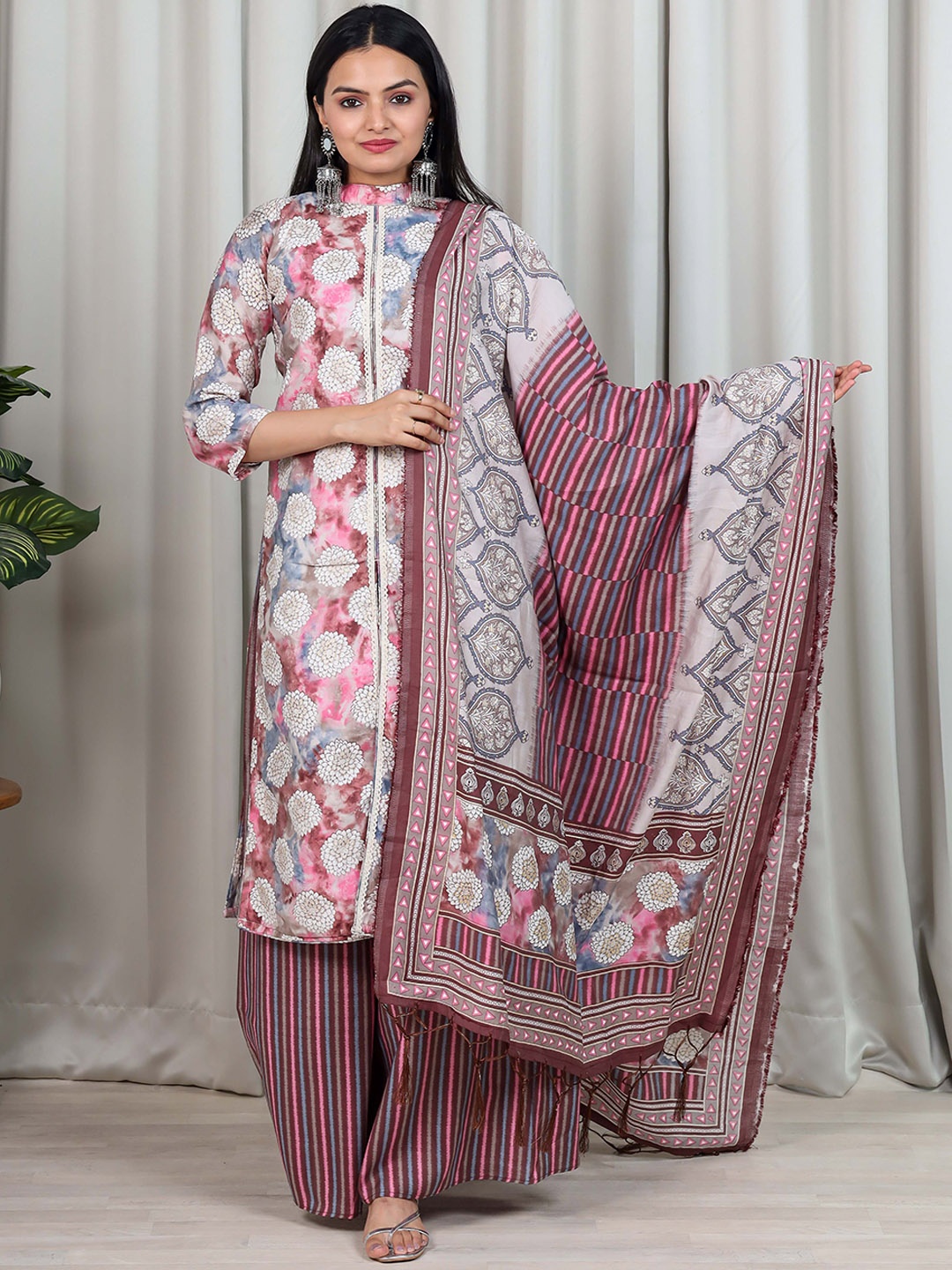 

Vidraa Western Store Floral Printed Kurta With Palazzos & Dupatta, Pink