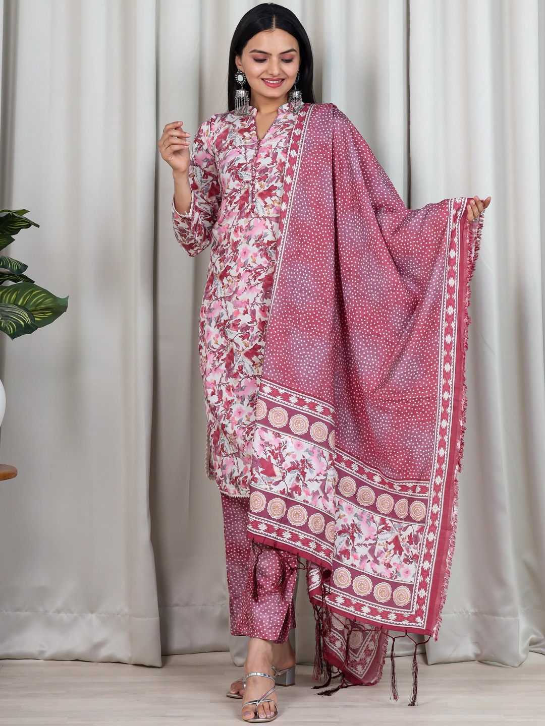 

Vidraa Western Store Floral Printed Chanderi Cotton Kurta With Trousers & Dupatta, Pink