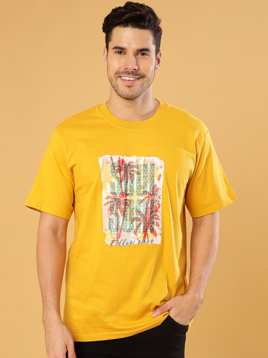 

Gavin Paris Typography Printed Round Neck Pure Cotton Loose Casual T-shirt, Mustard