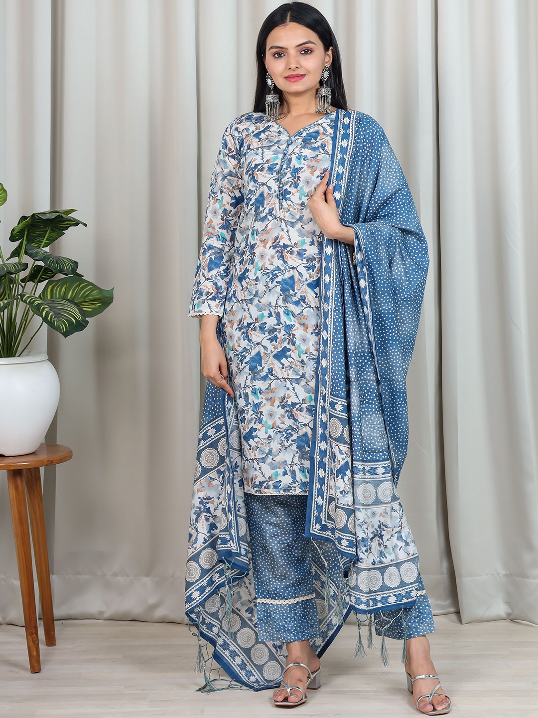 

Virah Fashion Floral Printed Chanderi Cotton Kurta With Trousers & Dupatta, Blue