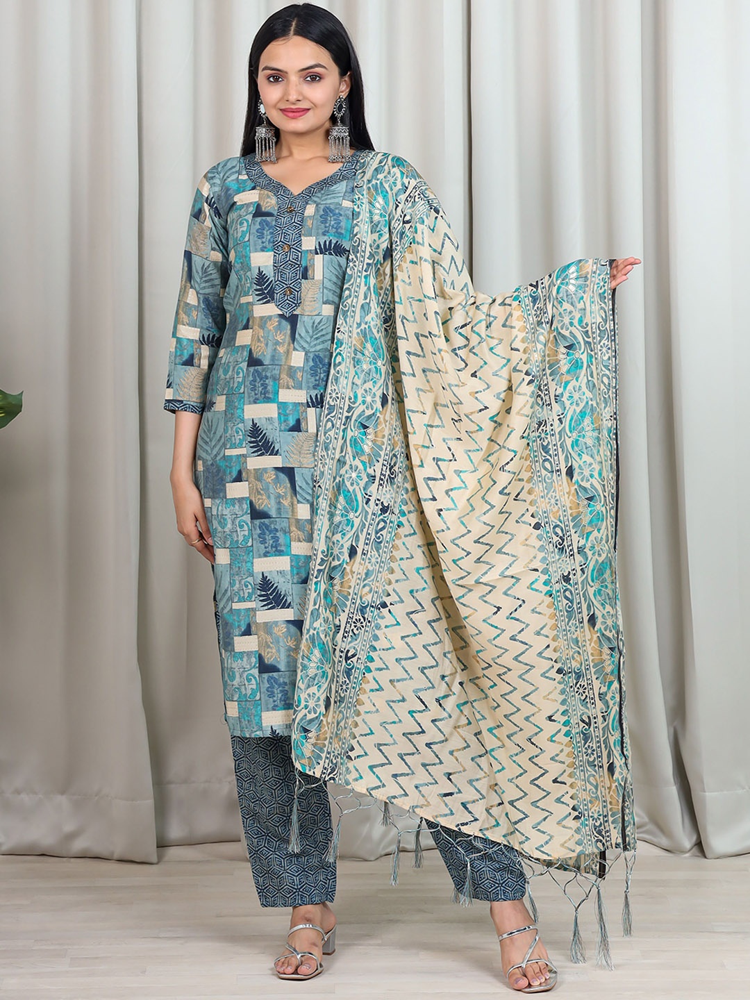 

Virah Fashion Floral Printed Chanderi Cotton Kurta With Trousers & Dupatta, Blue