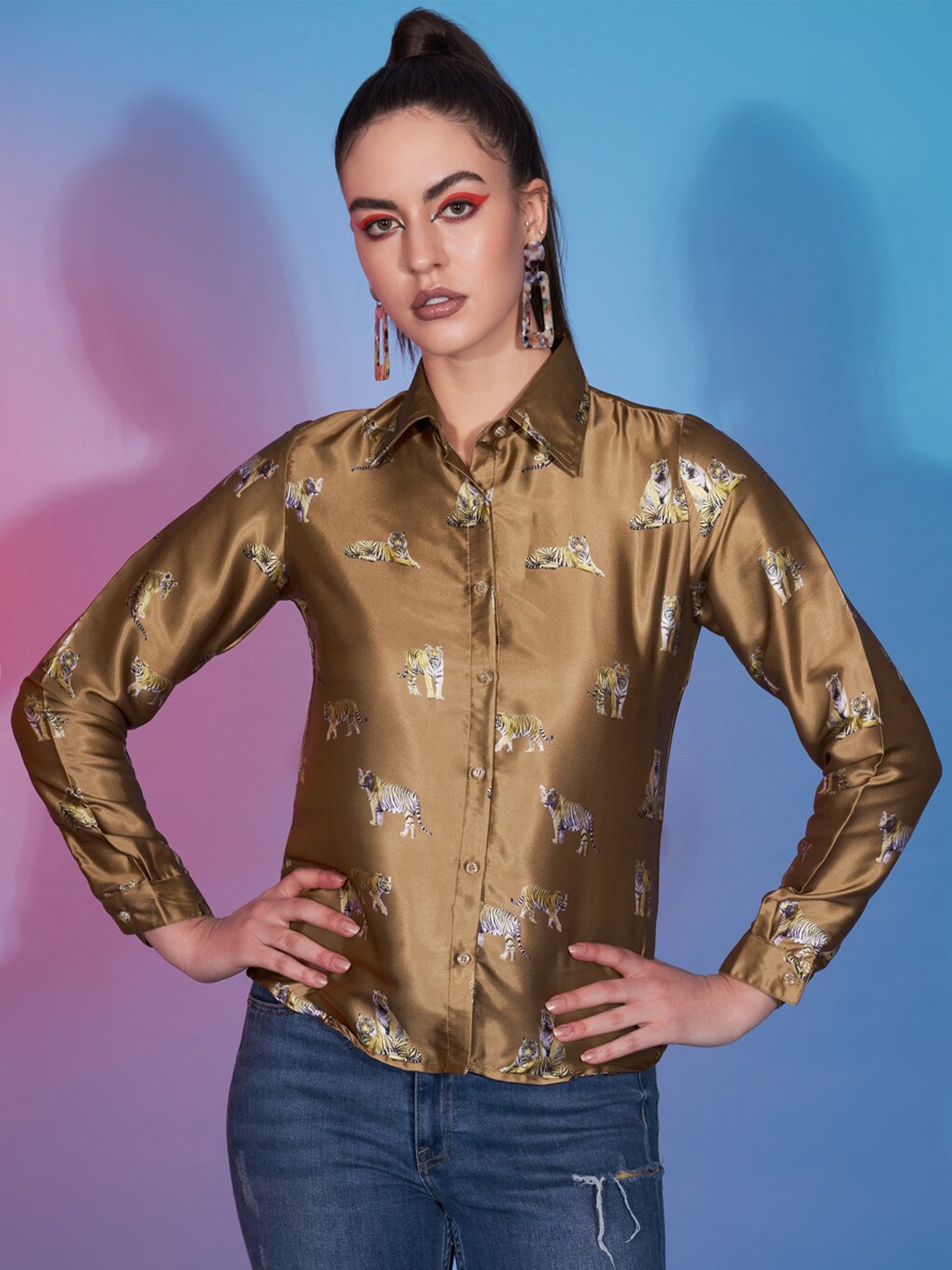 

Funday Fashion Conversational Printed Satin Casual Shirt, Brown