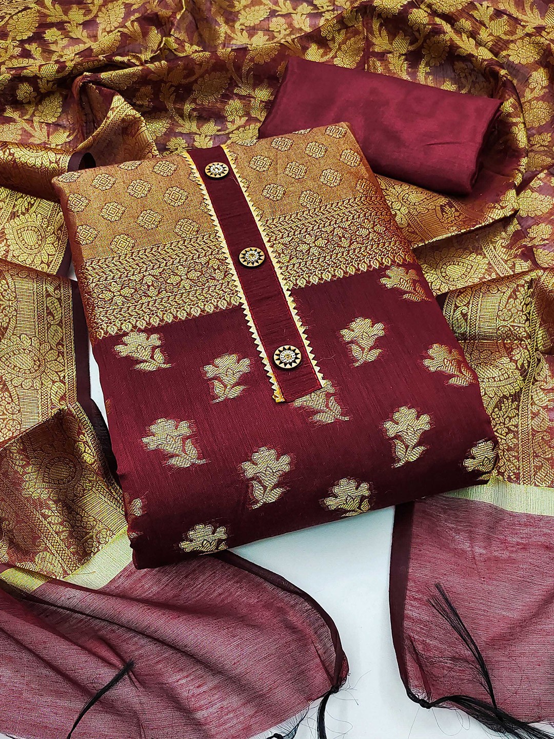 

KALINI Ethnic Motifs Woven Design Unstitched Dress Material, Maroon