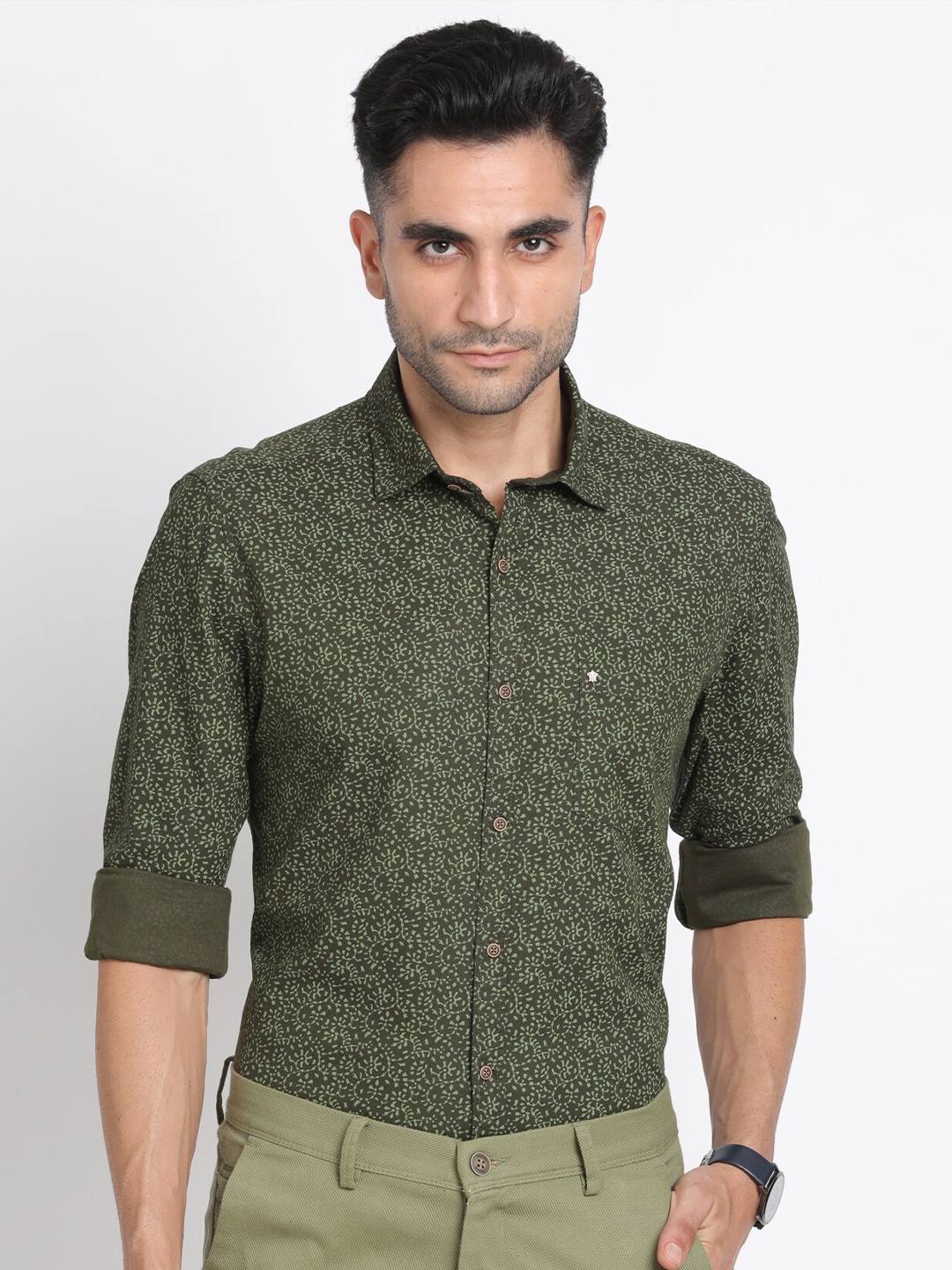 

Turtle Relaxed Slim Fit Micro Disty Printed Casual Shirt, Green