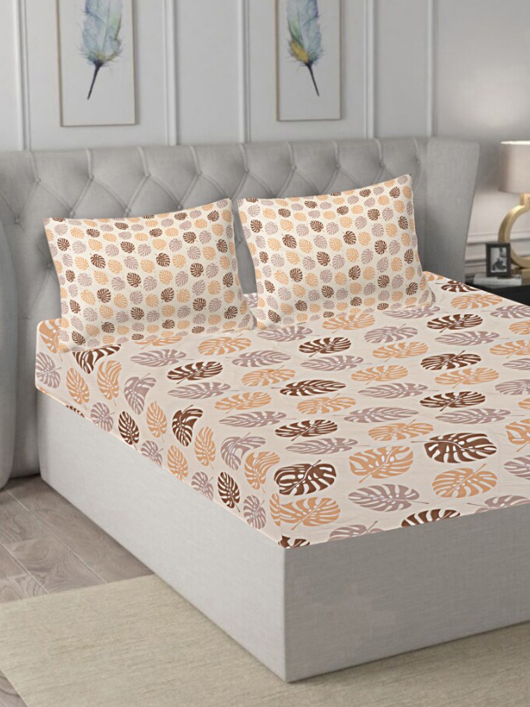 

INDHOME LIFE Brown & Orange Printed Cotton 210 TC Queen Bedsheet With 2 Pillow Covers