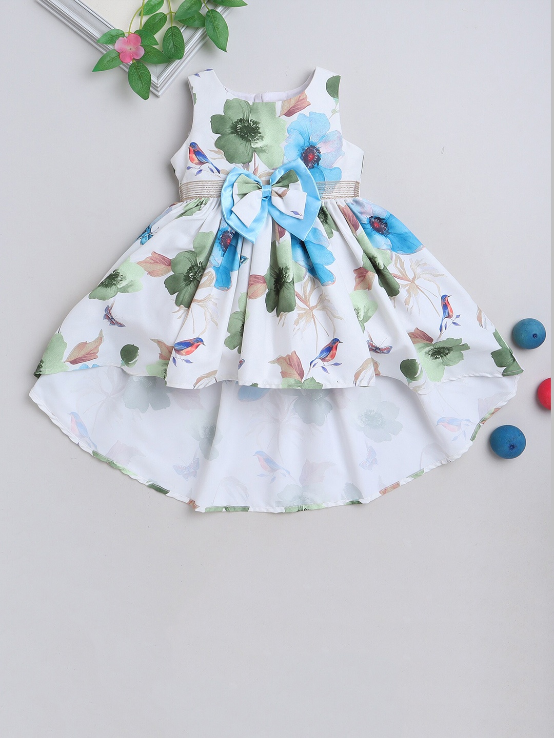 

MANY FROCKS & Girls Floral Printed High-Low Hem Fit & Flare Dress, White