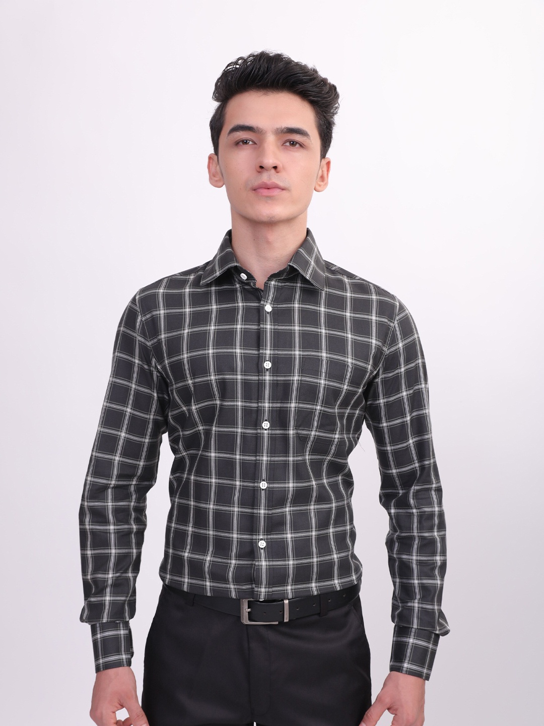 LOUIS STITCH Comfort Windowpane Checked Cotton Formal Shirt, Green