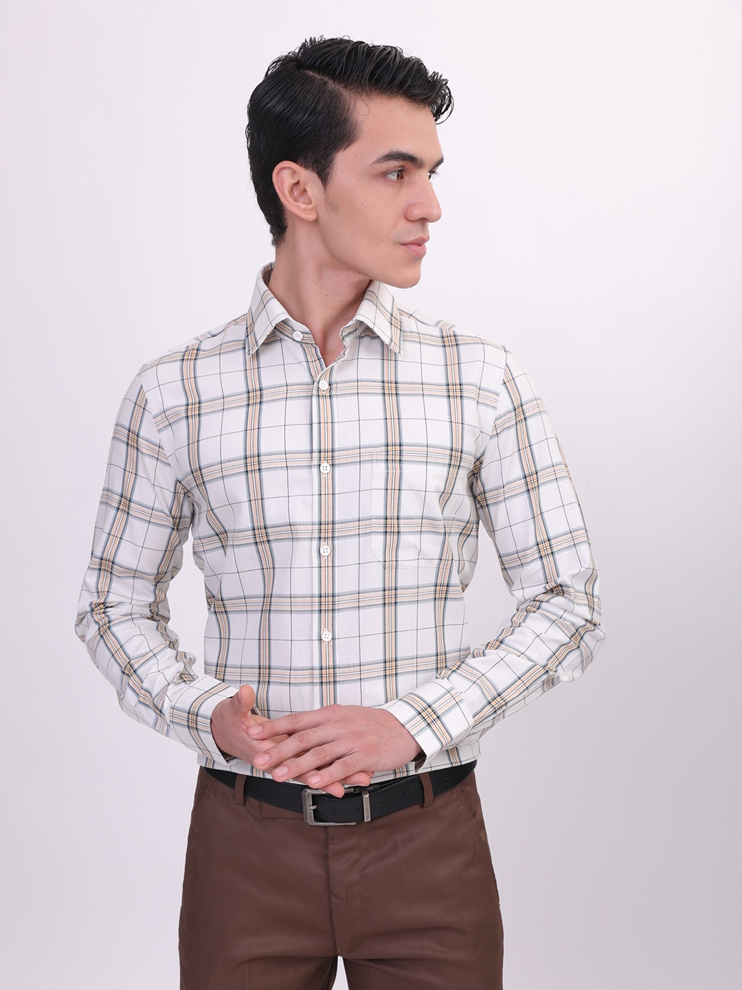 

LOUIS STITCH Comfort Tartan Checked Cotton Formal Shirt, Cream