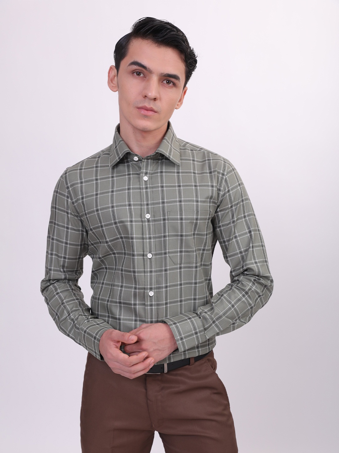 

LOUIS STITCH Comfort Windowpane Checked Cotton Formal Shirt, Green