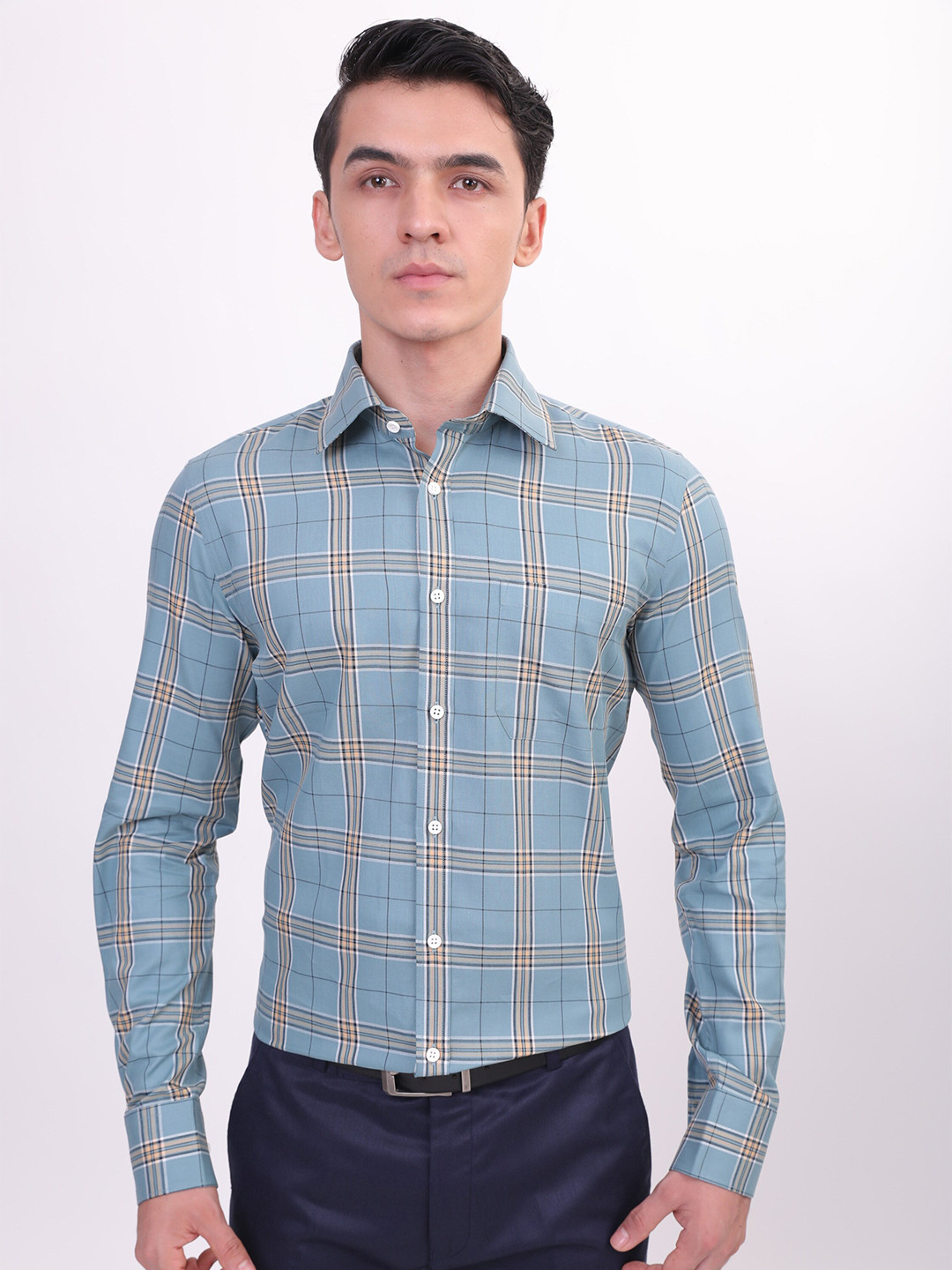 

LOUIS STITCH Comfort Windowpane Checked Cotton Formal Shirt, Green