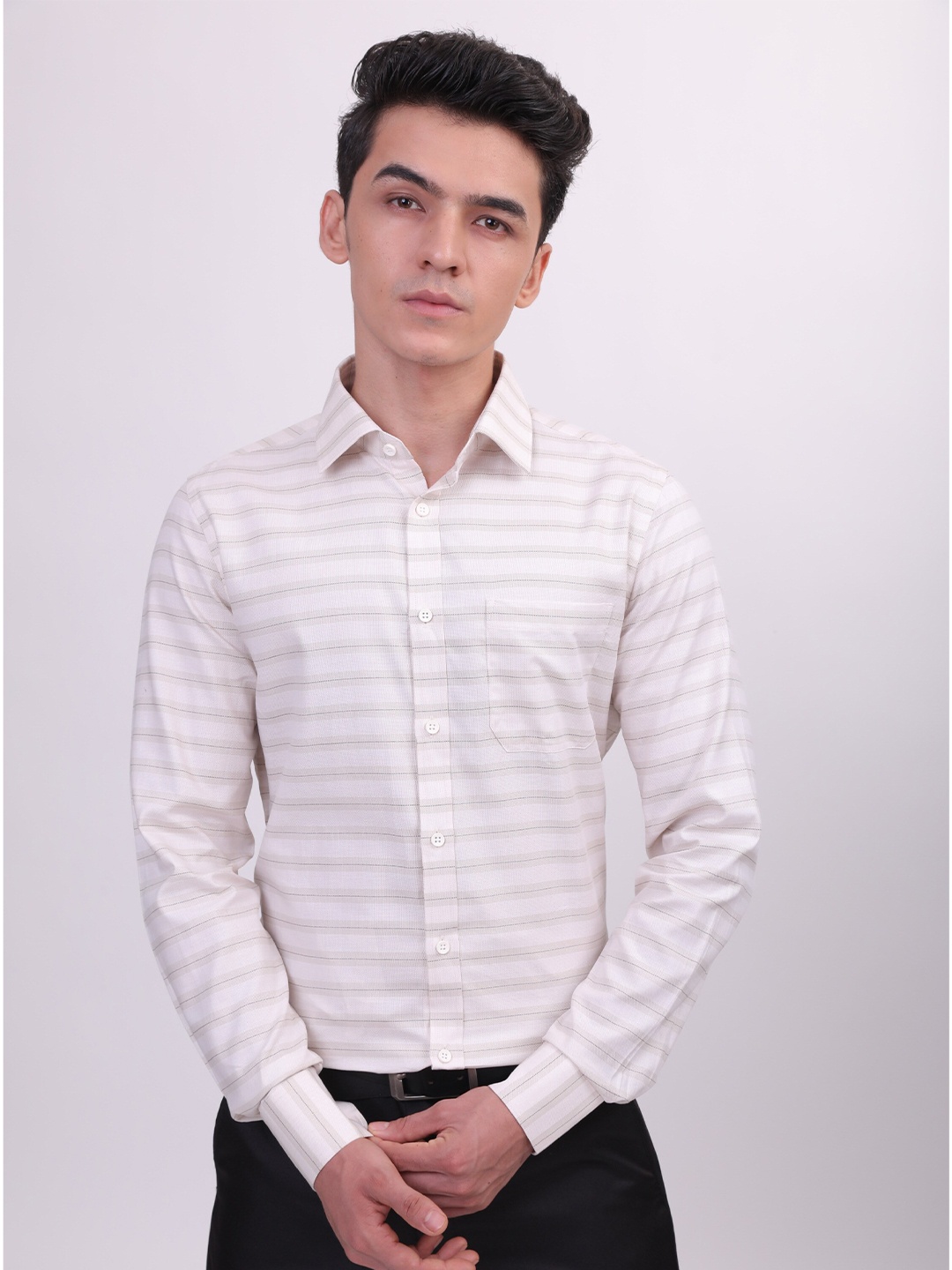 LOUIS STITCH Comfort Striped Cotton Formal Shirt, Off white