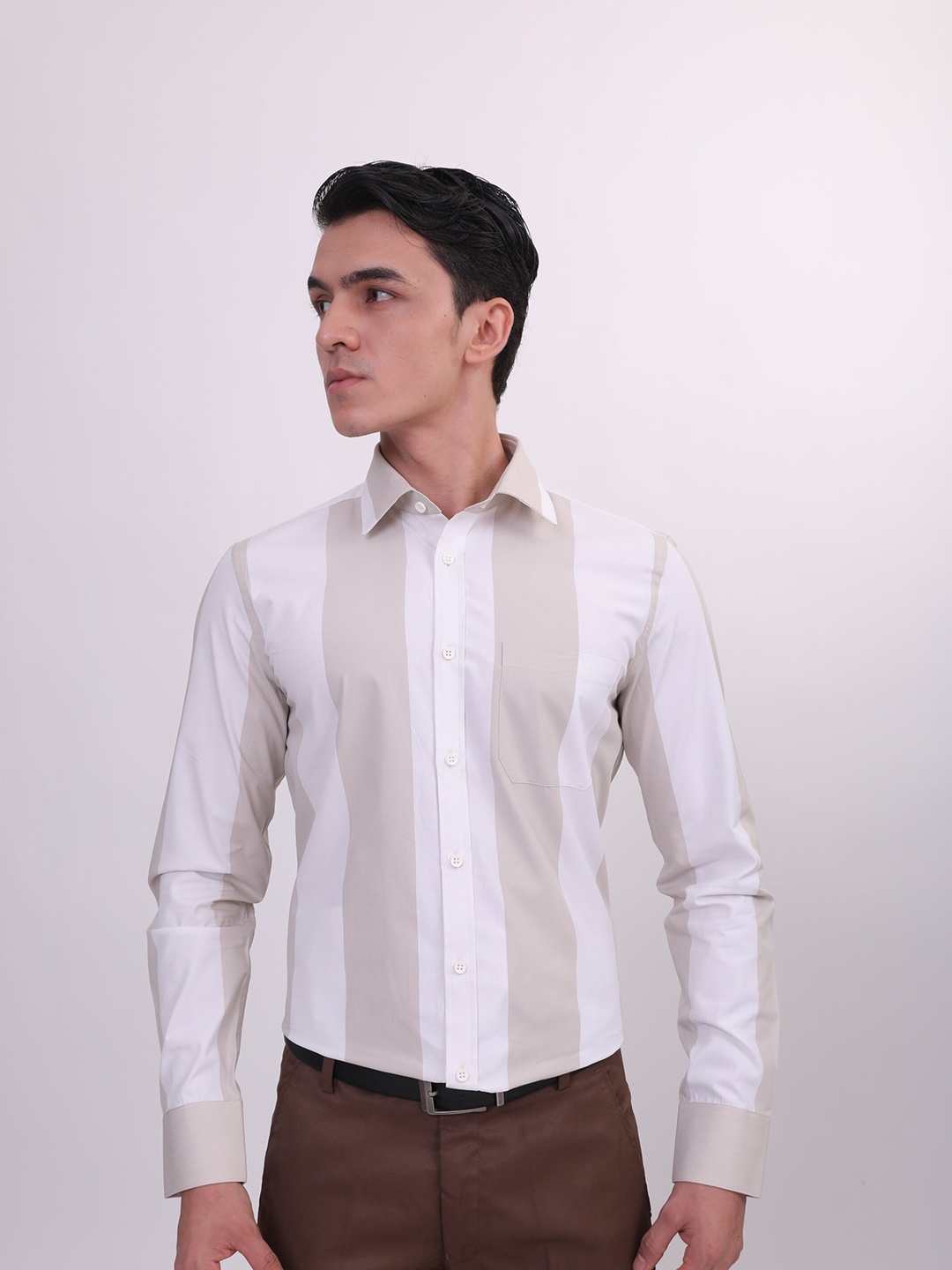

LOUIS STITCH Comfort Vertical Striped Cotton Formal Shirt, Brown