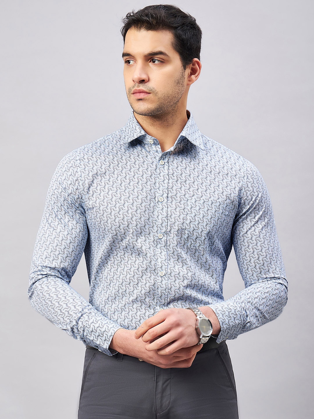 LOUIS STITCH Comfort Geometric Printed Cotton Formal Shirt, Blue
