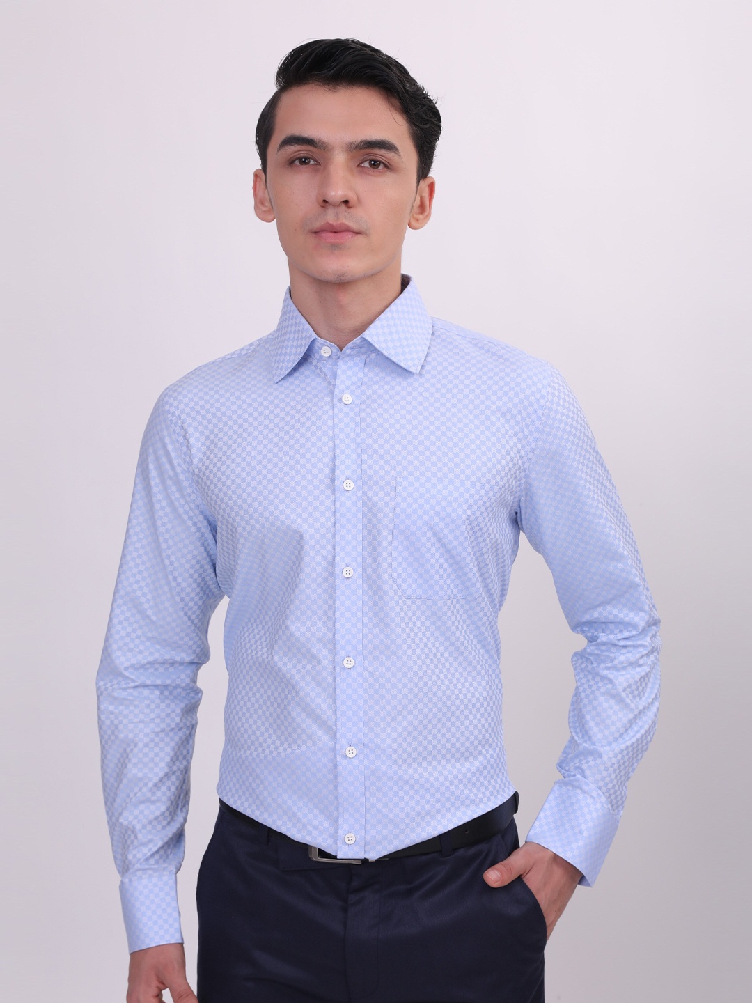 

LOUIS STITCH Comfort Regular Fit Micro Checks Printed Pure Cotton Formal Shirt, Blue