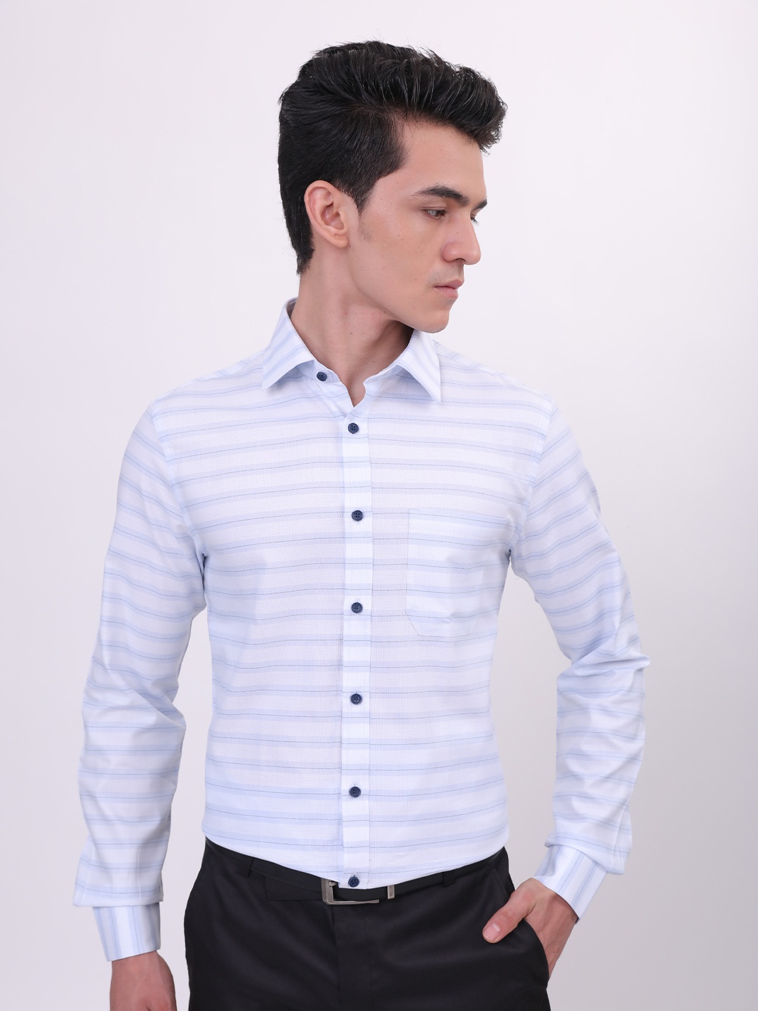 

LOUIS STITCH Comfort Horizontal Striped Cotton Formal Shirt, Blue