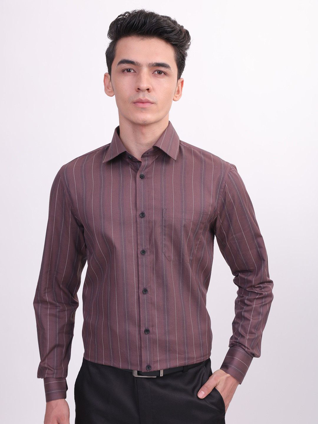 

LOUIS STITCH Comfort Vertical Striped Cotton Formal Shirt, Brown