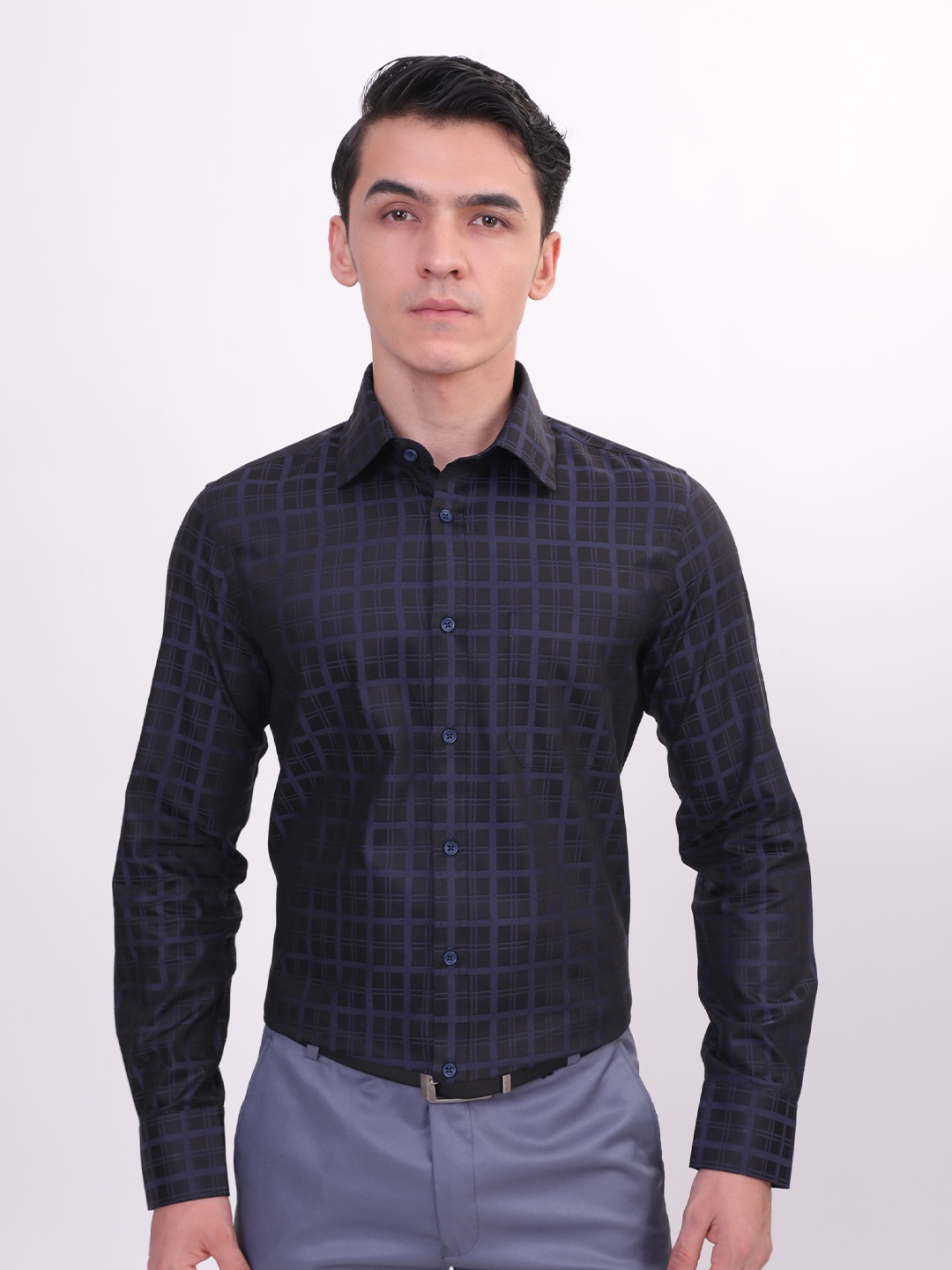 

LOUIS STITCH Comfort Checked Cotton Formal Shirt, Navy blue
