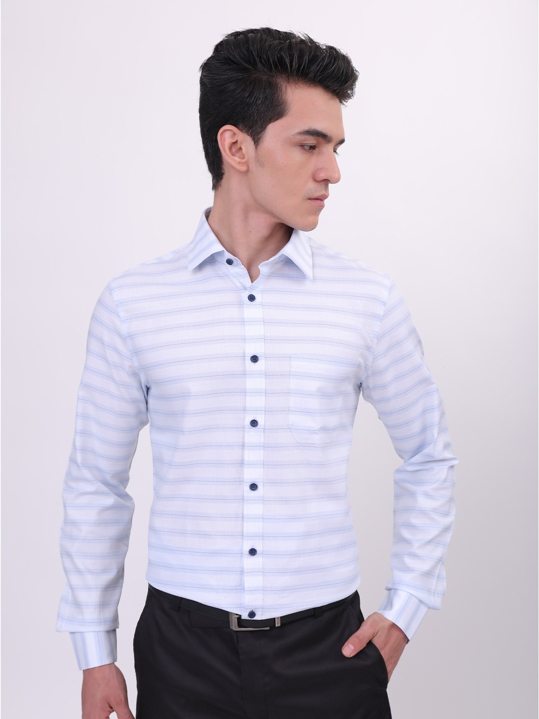 

LOUIS STITCH Comfort Horizontal Striped Cotton Formal Shirt, Blue