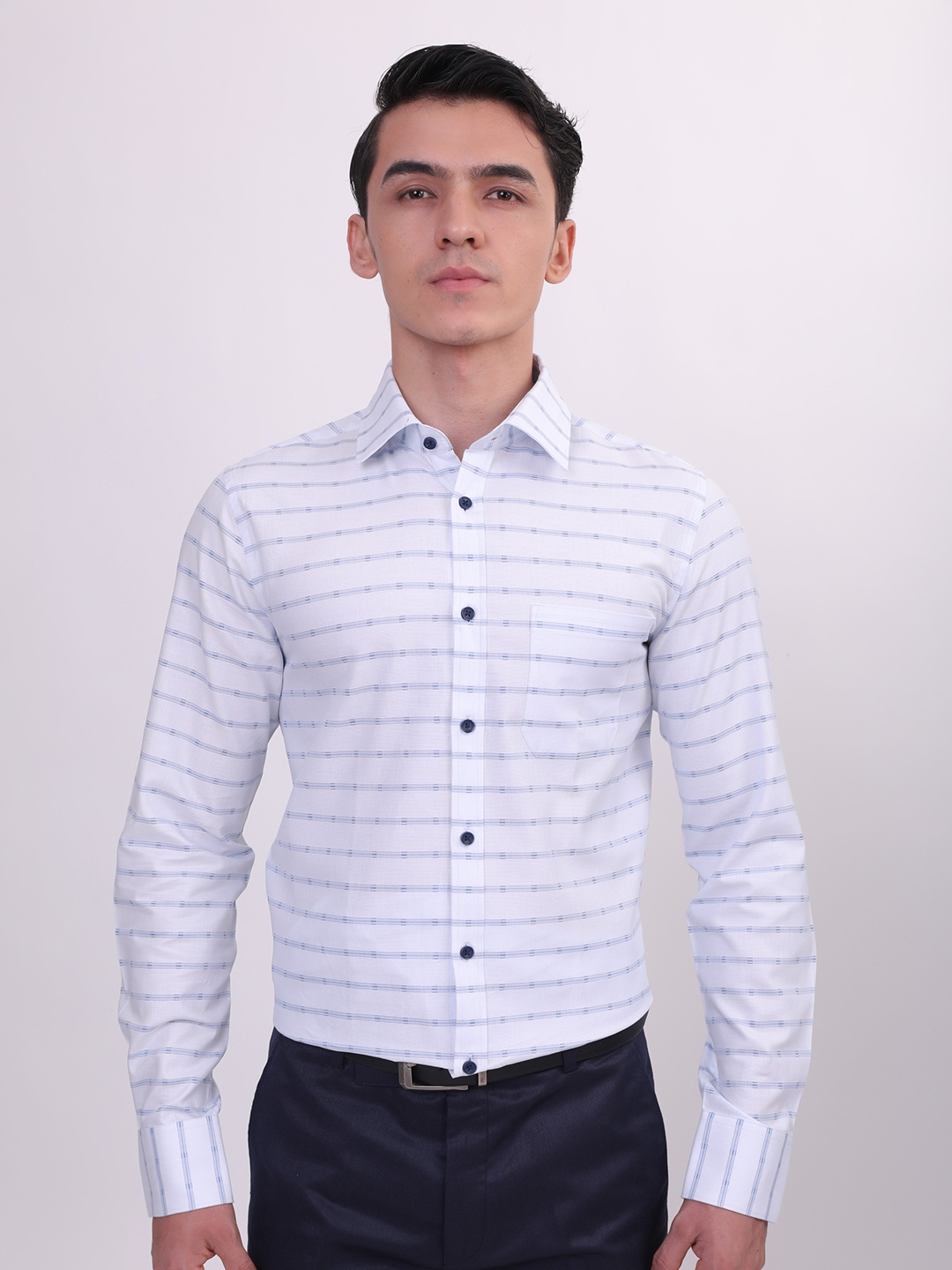 

LOUIS STITCH Comfort Horizontal Striped Cotton Formal Shirt, Blue
