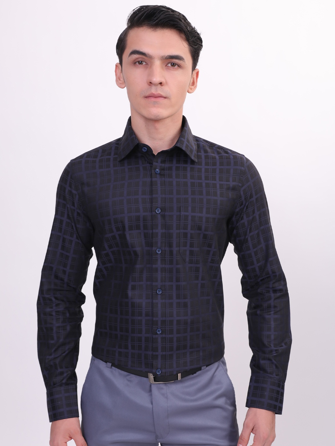 

LOUIS STITCH Comfort Checked Cotton Formal Shirt, Navy blue