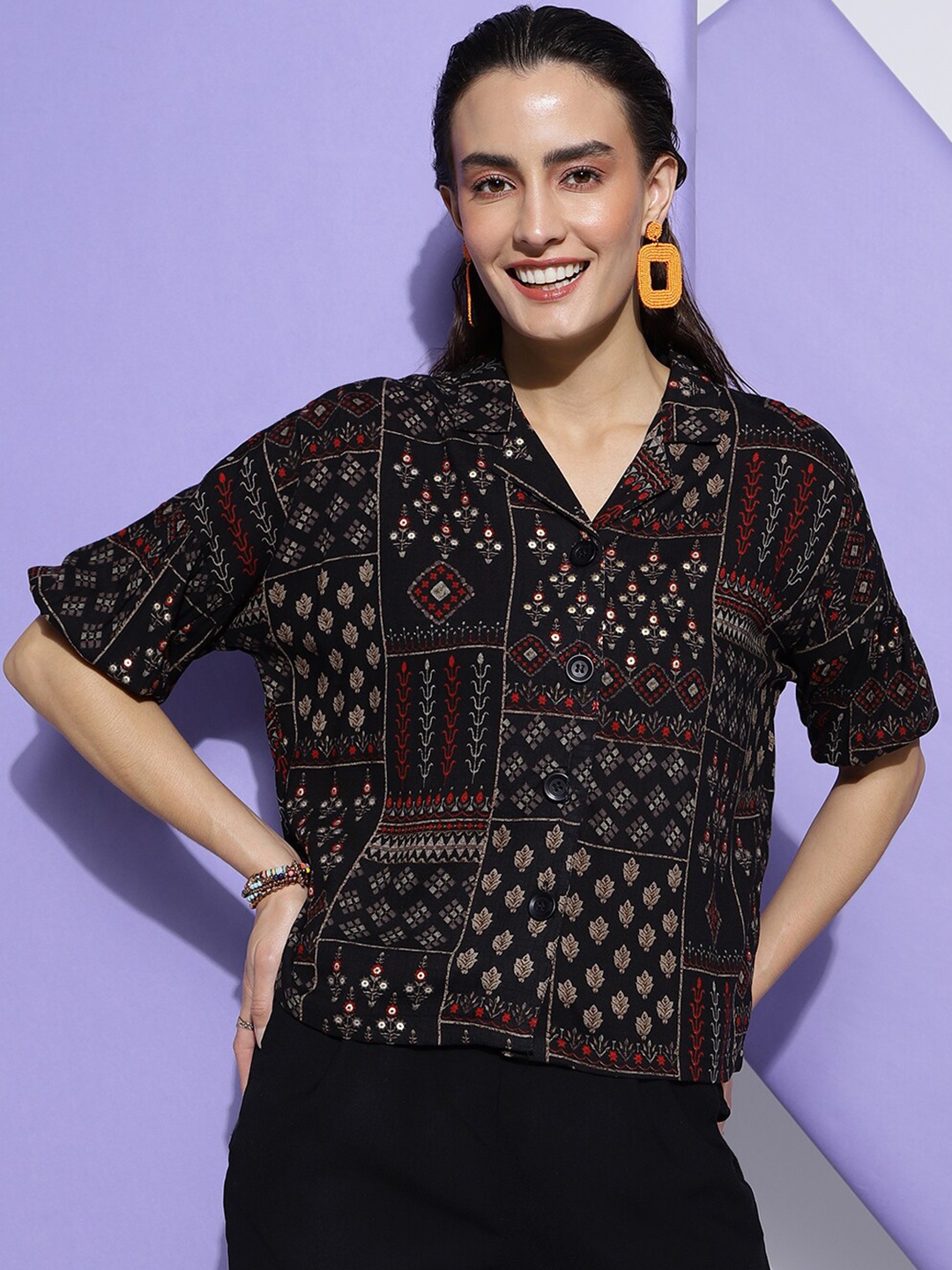 

CLEMIRA Ethnic Motif Printed Flared Sleeves Shirt Style Top, Black