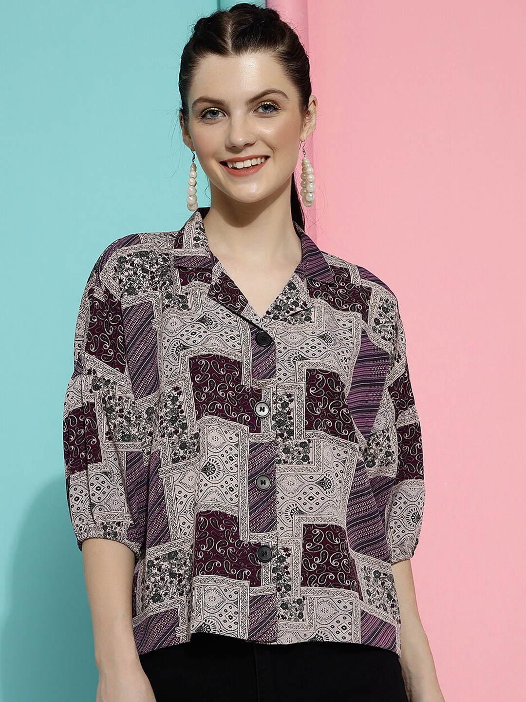 

CLEMIRA Ethnic Motifs Printed Puff Sleeves Shirt Style Top, Magenta