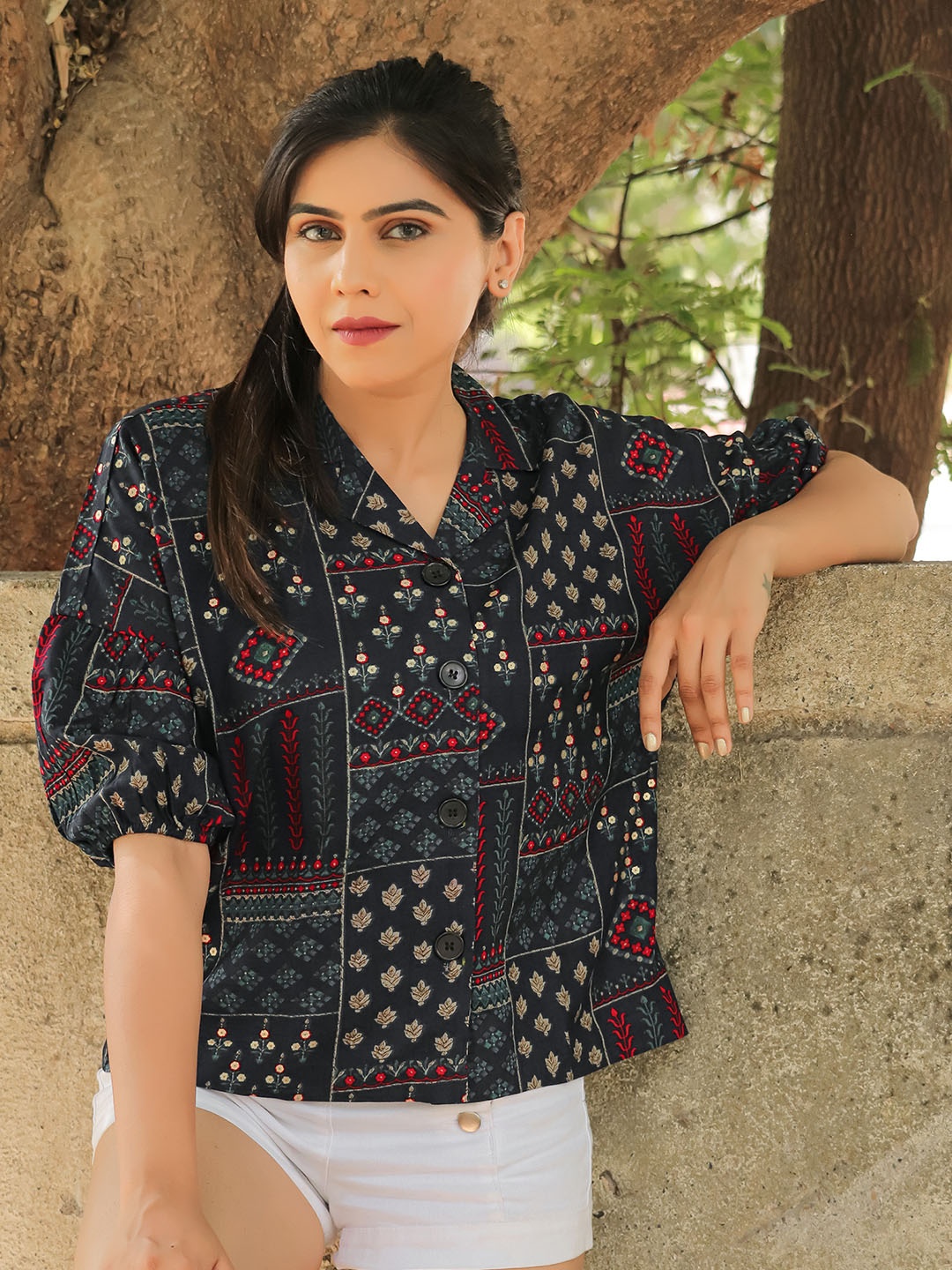 

CLEMIRA Ethnic Motifs Printed Puff Sleeves Shirt Style Top, Navy blue