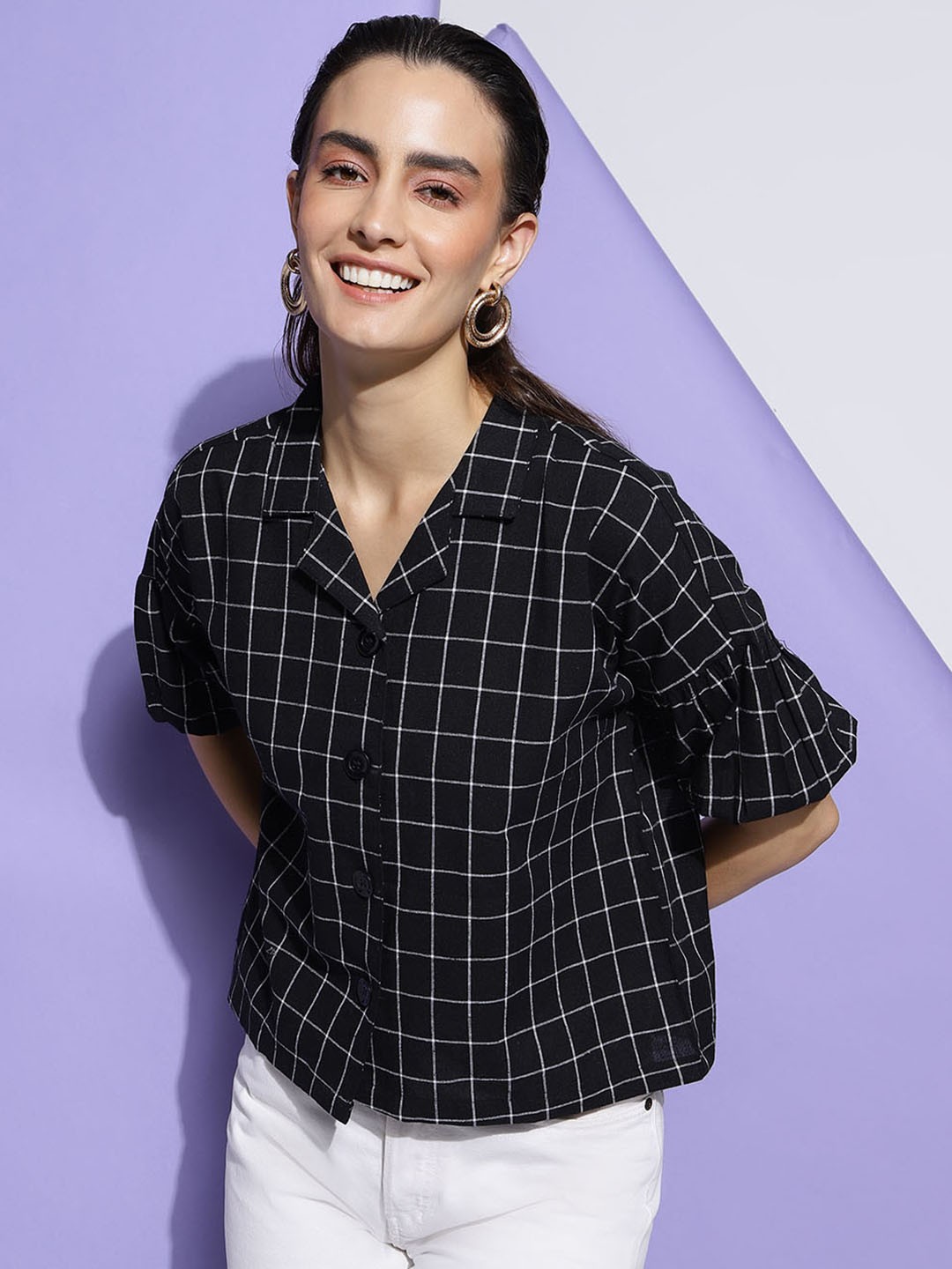 

CLEMIRA Shirt Collar Cotton Shirt Style Opaque Casual Top, Black