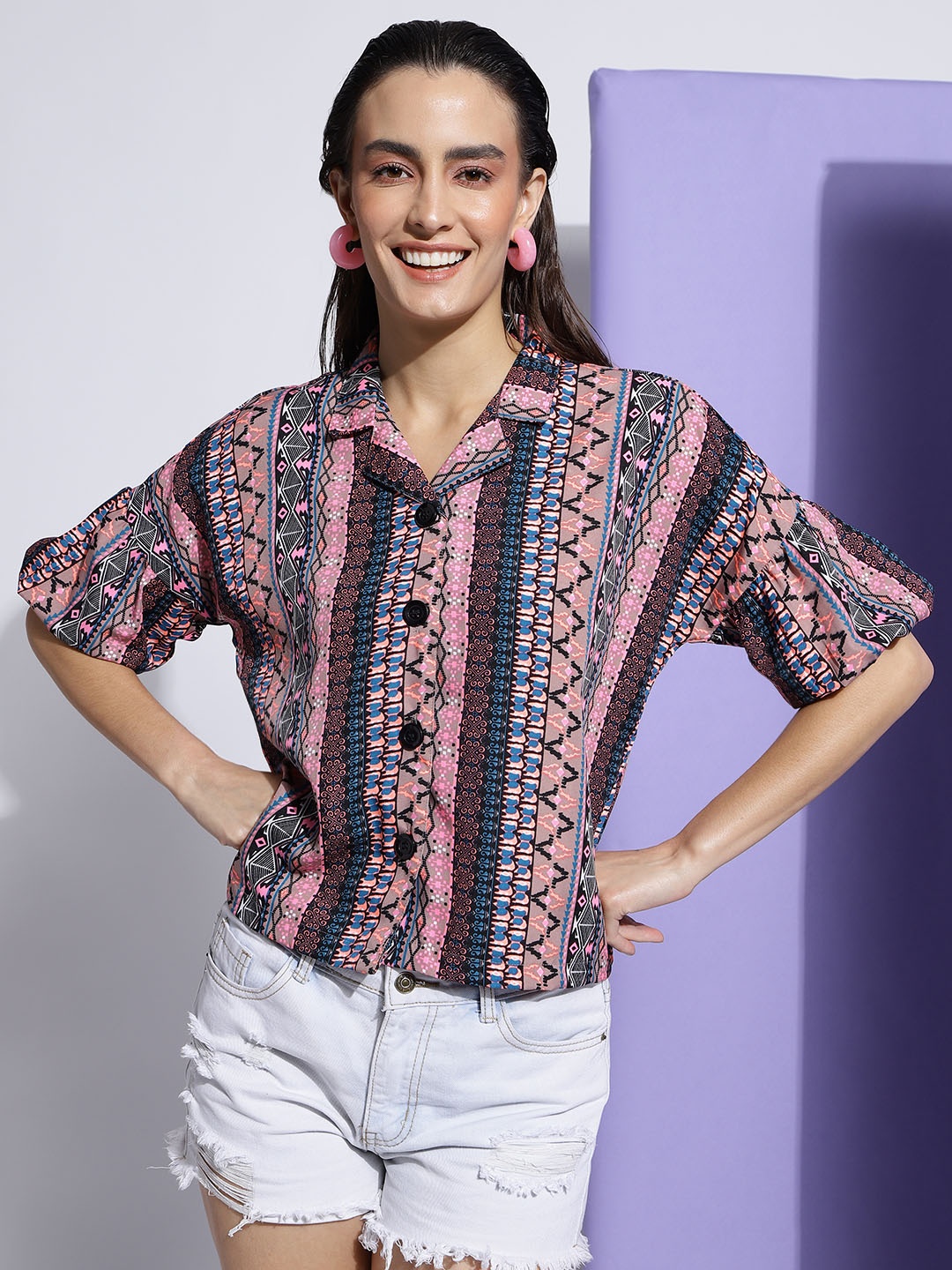 

CLEMIRA Shirt Collar Shirt Style Opaque Casual Top, Pink