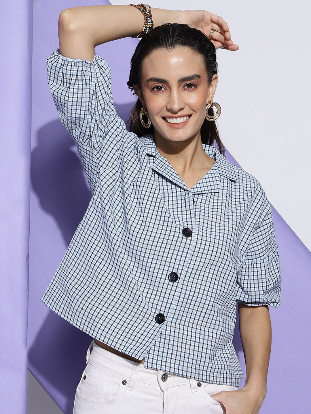 

CLEMIRA Checked Puff Sleeves Cotton Shirt Style Top, Blue