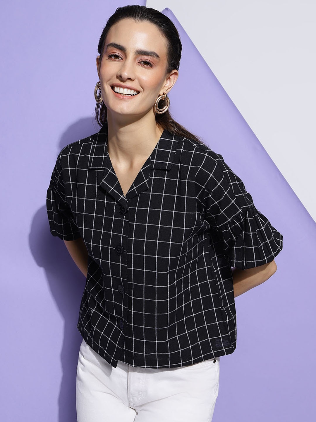 

CLEMIRA Shirt Collar Cotton Shirt Style Opaque Casual Top, Black