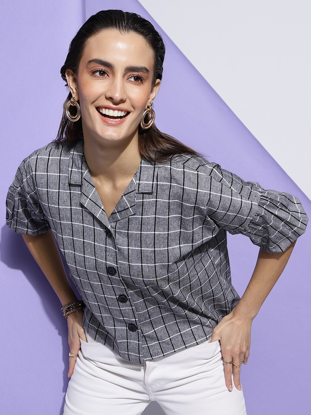 

CLEMIRA Checked Puff Sleeves Cotton Shirt Style Top, Grey