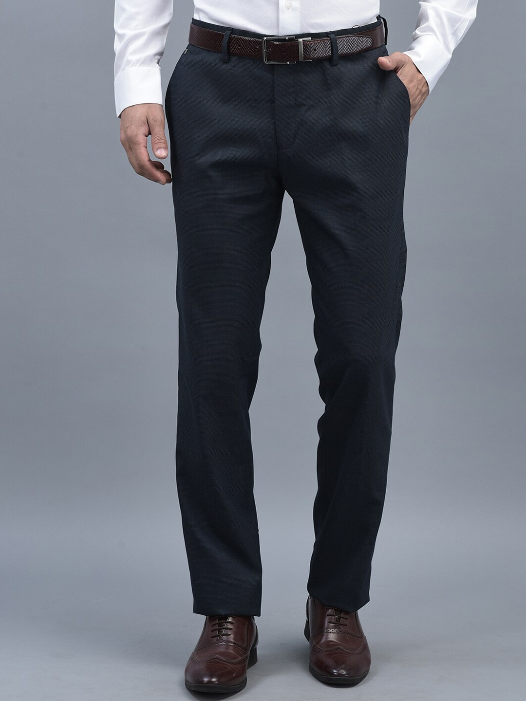 

CANOE Men Textured Mid-Rise Smart Easy Wash Formal Trousers, Navy blue