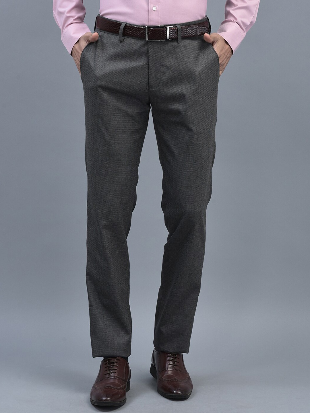 

CANOE Men Smart Self Design Textured Mid-Rise Easy Wash Formal Trousers, Charcoal