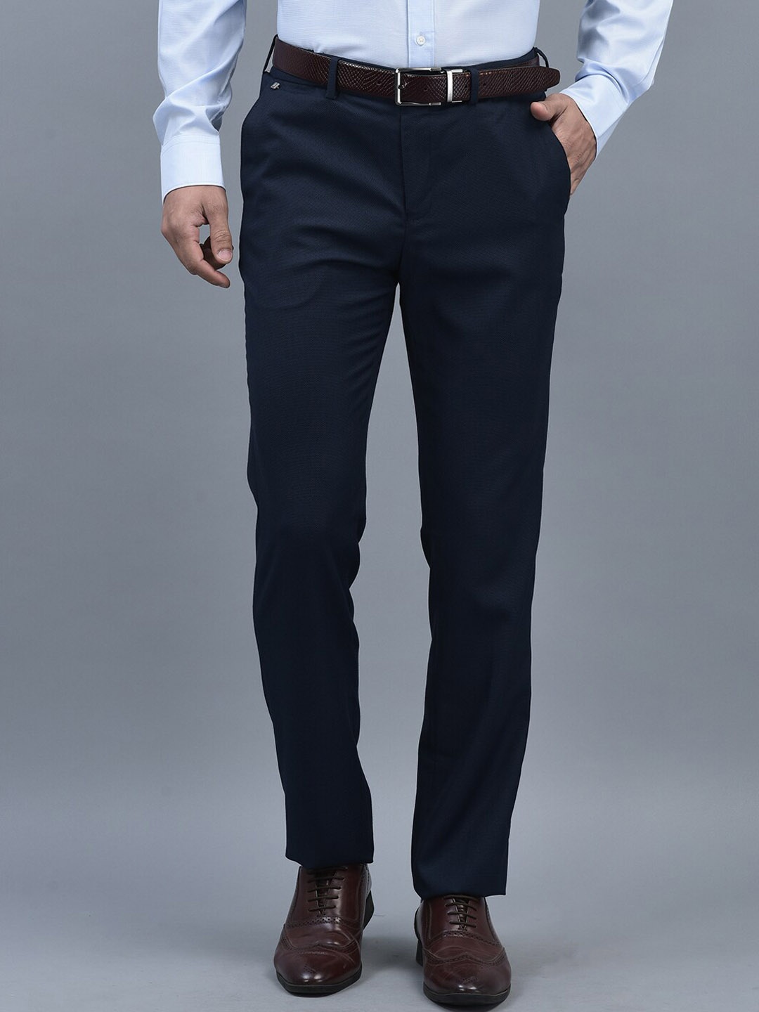 

CANOE Men Smart Self Design Textured Mid-Rise Easy Wash Formal Trousers, Navy blue