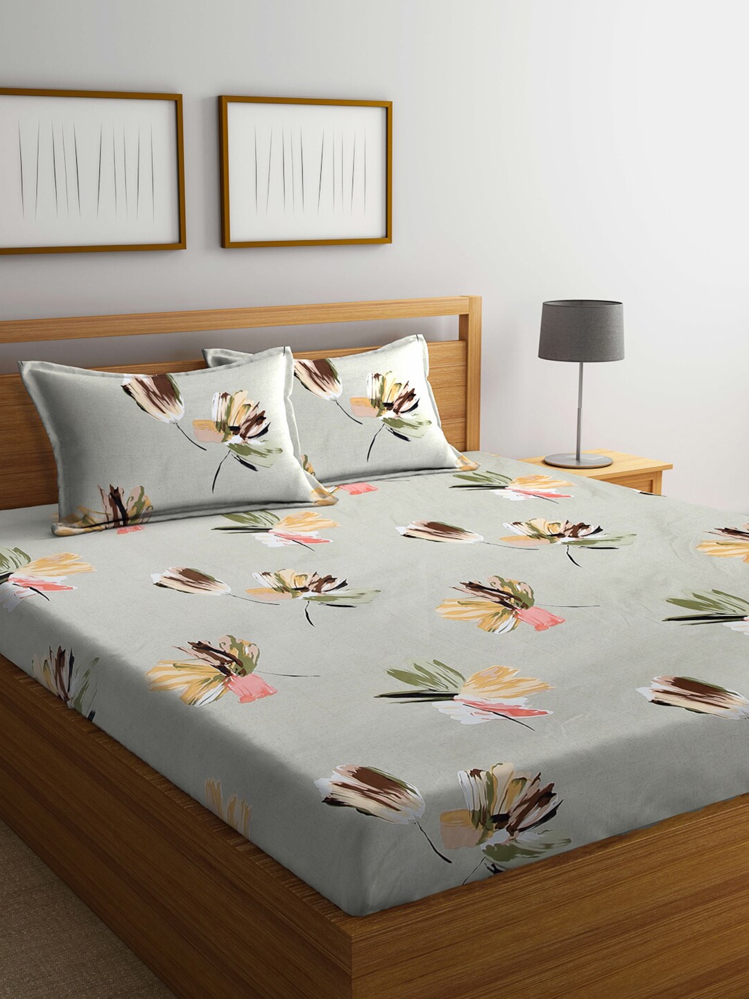 

FABINALIV Grey & Pink Floral Print 300 TC King Size Bedsheet & 2 Pillow Covers