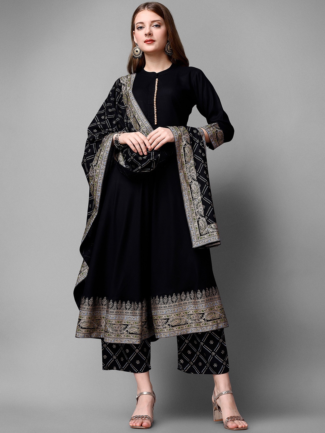 

KALINI Foil Printed Mandarin Collar Anarkali Kurta & Palazzos With Dupatta, Black