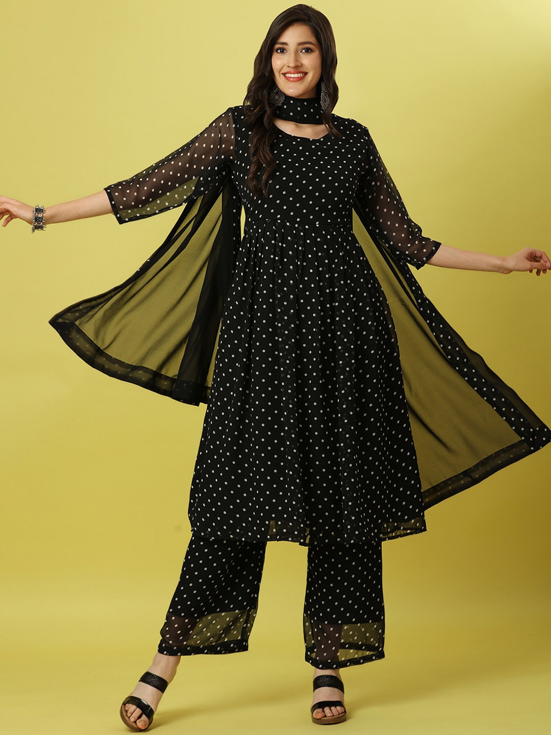

KALINI Geometric Printed Georgette Anarkali Kurta & Trousers With Dupatta, Black