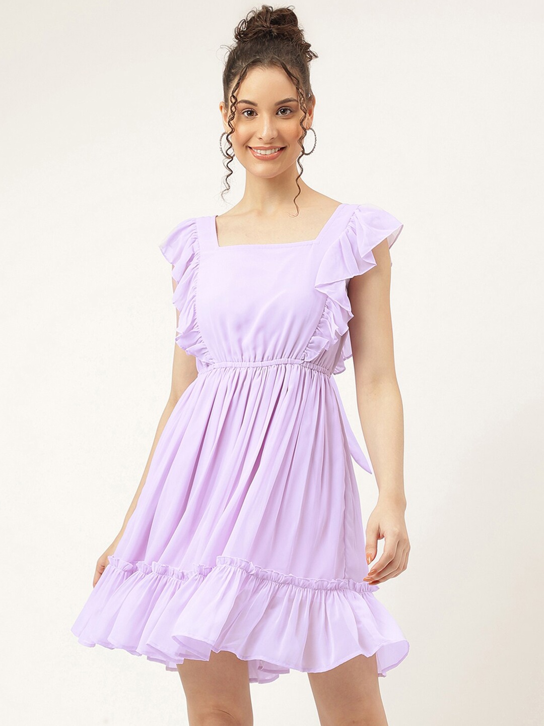 

Masakali.Co Square Neck Flutter Sleeve Gathered & Ruffled Georgette Fit & Flare Dress, Lavender